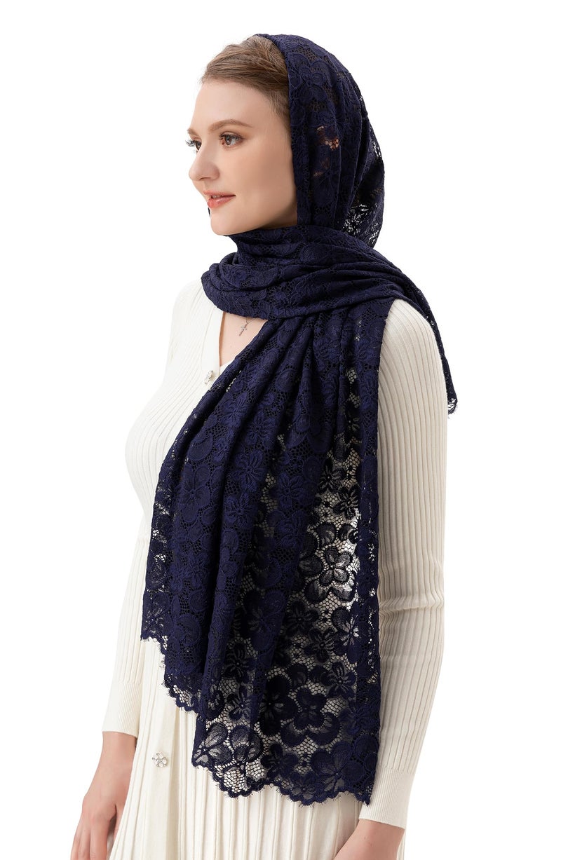 PAMOR Women Rectangular Chapel Veil Scarf Catholic Church Veils Mantilla Wrap Shawl Mass Head Covering (Navy Blue) - Image 2