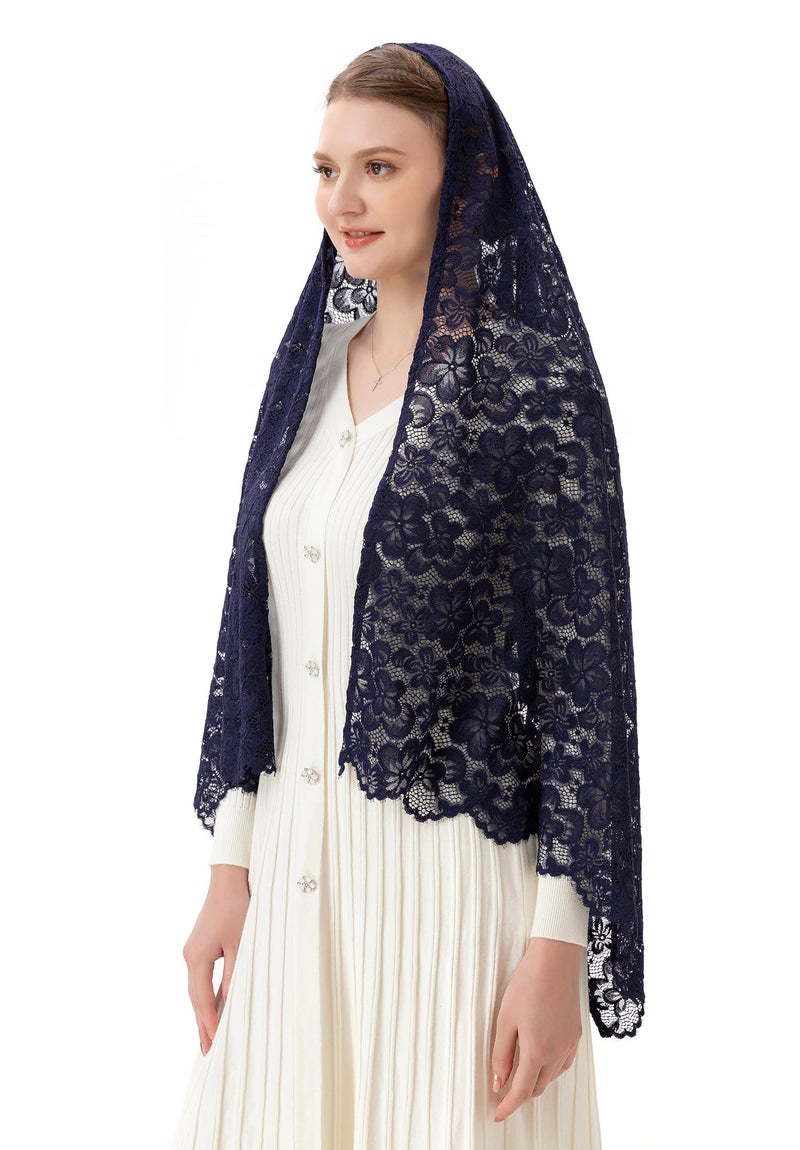PAMOR Women Rectangular Chapel Veil Scarf Catholic Church Veils Mantilla Wrap Shawl Mass Head Covering (Navy Blue) - Image 5