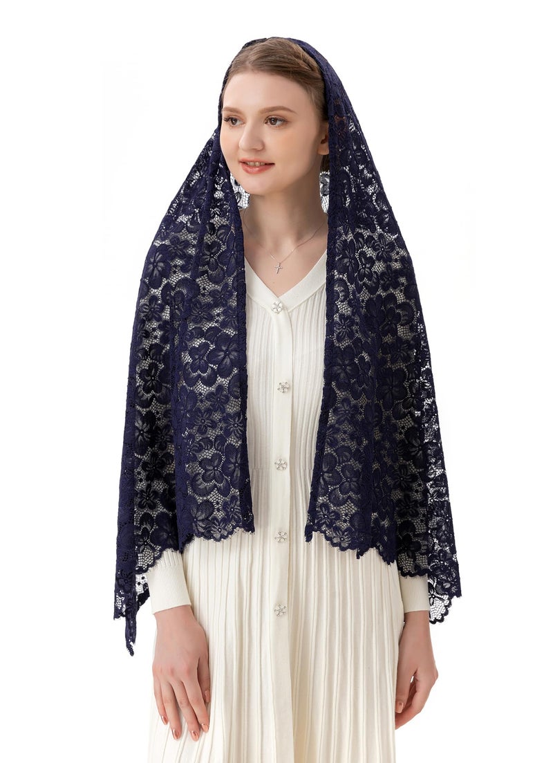 PAMOR Women Rectangular Chapel Veil Scarf Catholic Church Veils Mantilla Wrap Shawl Mass Head Covering (Navy Blue) - Image 4