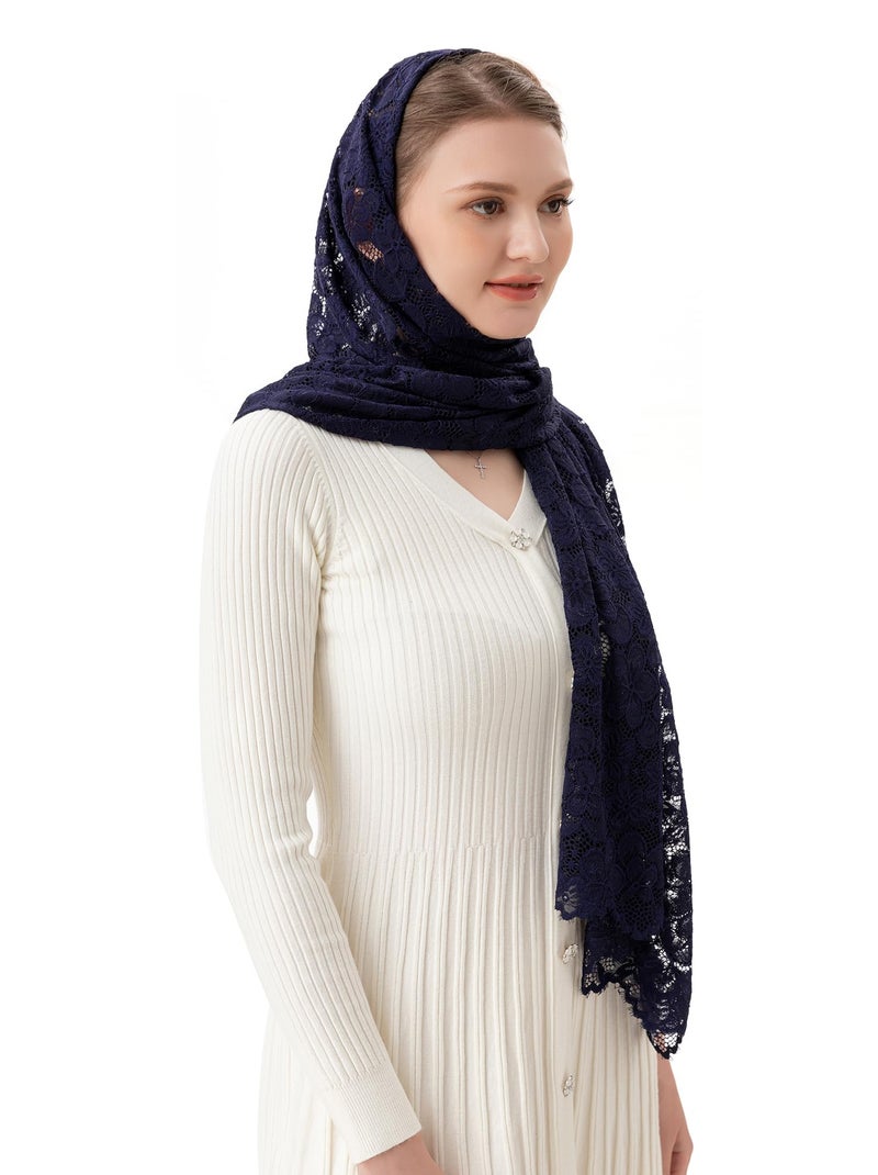 PAMOR Women Rectangular Chapel Veil Scarf Catholic Church Veils Mantilla Wrap Shawl Mass Head Covering (Navy Blue) - Image 3