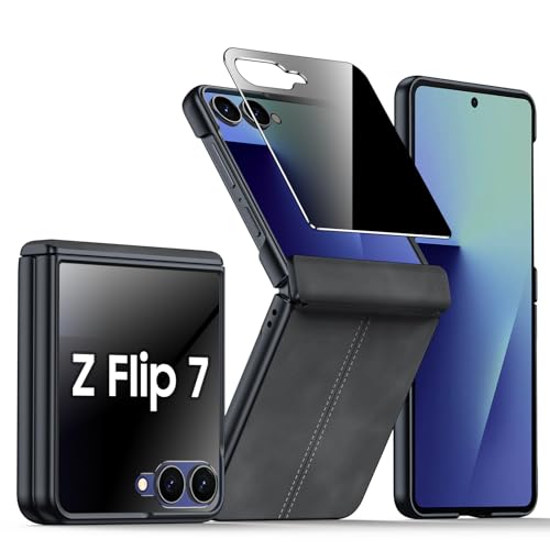 BSNRM for Samsung Galaxy Z Flip 7 Case with Hinge Protection & Built-in Privacy Screen, Ultra Thin Stylish Leather Matte PC Durable Shockproof Cover Phone Case for Galaxy Z Flip 7-Black - Image 1