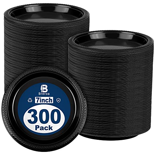 Breroa 300 Pack Black Disposable Plastic Plates with Sticker 7 Inch Heavy Duty Round Plates Food Grade Solid Color Dinner Party Plate for Party Supplies Dinner Picnic