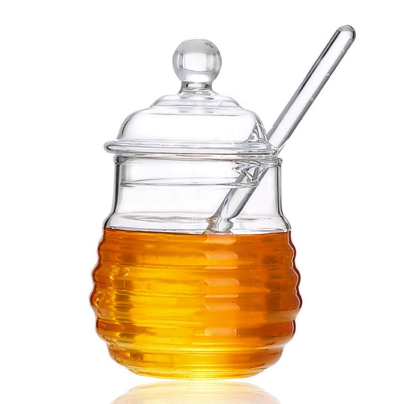 Kingbuy Kingbuy 9oz Glass Honey Pot with No Drip Dipper  LeakProof Lid  Clear Honey Dispenser Jar Container for Home Kitchen Coffee Bar Decor Mini Honey Jars with Stand Reusable Glass Honey Dipper