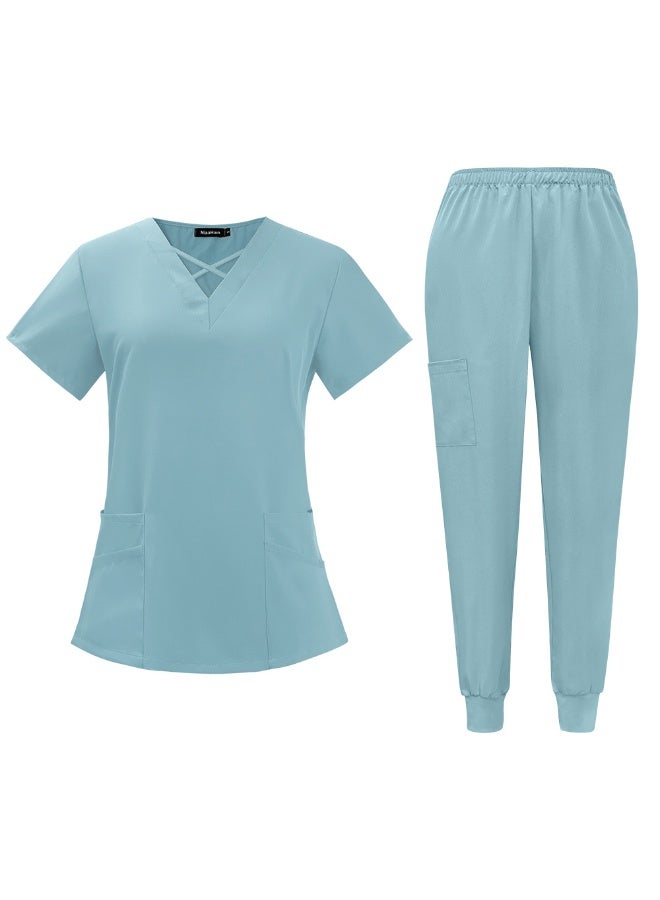 NIBEMINENT Medical Scrubs Surgical Uniforms Women Fashionable V-neck Short Sleeved Top Pants Sets Hospital Doctor Clinic Nurse Work Uniform - Image 1