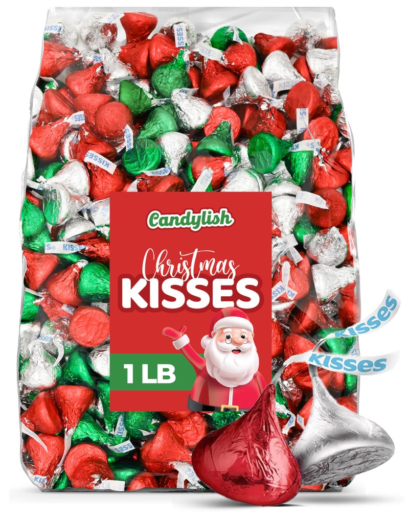 Holiday Kisses Milk Chocolate Christmas Colors, 1 lb Bulk Bag (Approx. 95 Pieces) - Red, Green, and Silver Foil Wrapped Chocolate for Holiday Parties, Stocking Stuffers, Candy Bowls, and Baking - Image 1