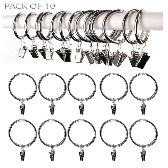 Pack of 10 Metal Curtain Rings with Clips Pole Rod Voile Net Curtain Drapery Hanging Rings with Hooks Silver