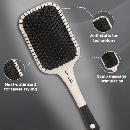 Ikonic Artistic Paddle Hair Brush with Anti Static Bristles & Ball-Tipped Nylon Pins Ideal for Men & Women,Salon/Personal Grooming, Straightening, Smoothing, Detangling Hair - White & Black - Image 4