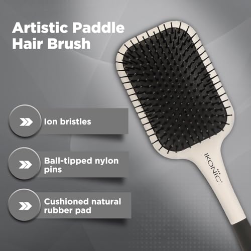 Ikonic Artistic Paddle Hair Brush with Anti Static Bristles & Ball-Tipped Nylon Pins Ideal for Men & Women,Salon/Personal Grooming, Straightening, Smoothing, Detangling Hair - White & Black - Image 2