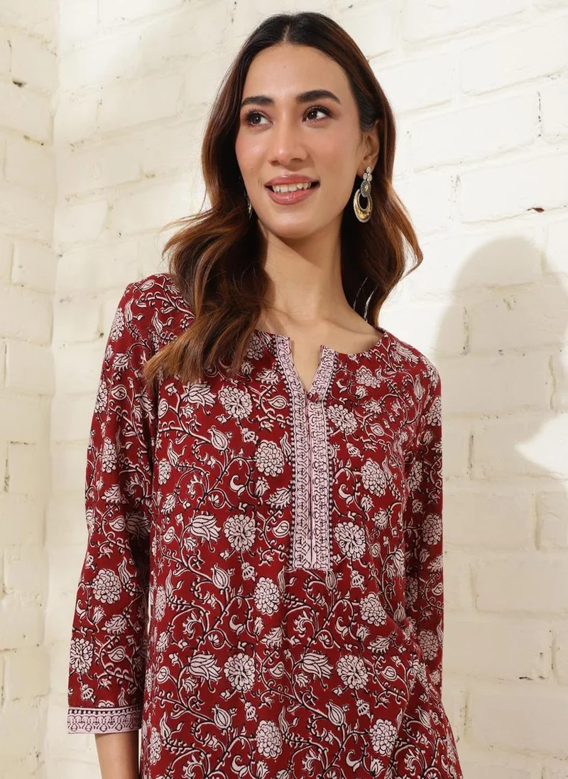 Fabindia Maroon Cotton Printed Slim Fit Long Kurta