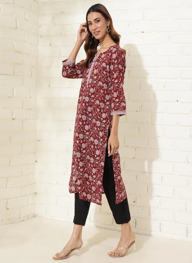 Fabindia Maroon Cotton Printed Slim Fit Long Kurta