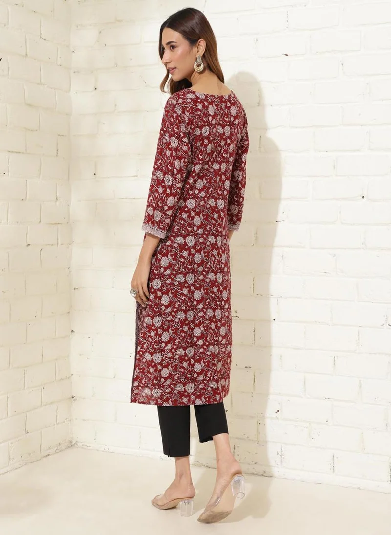 Fabindia Maroon Cotton Printed Slim Fit Long Kurta