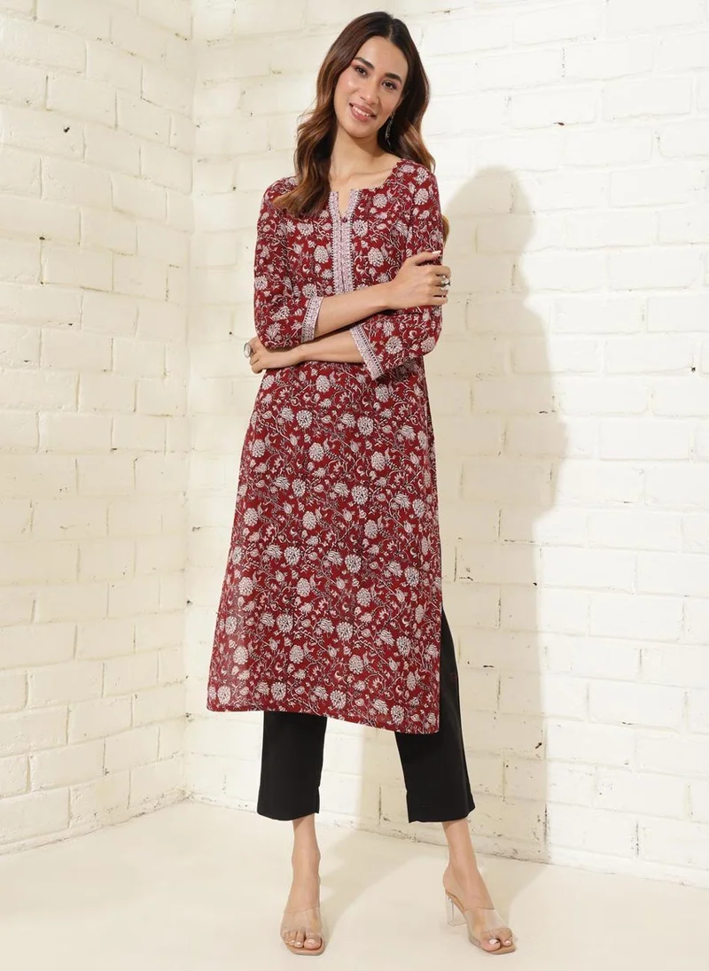 Fabindia Maroon Cotton Printed Slim Fit Long Kurta