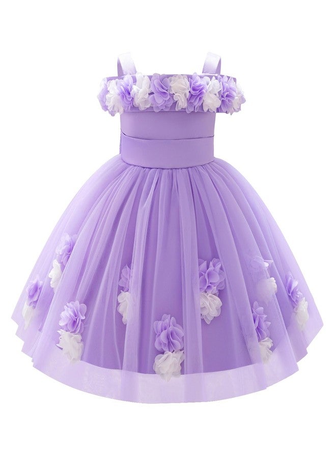 IDOPIP Infant Baby Flower Girl Dress 3D Flower Toddler Birthday Dresses Cold Shoulder Little Girls Princess Pageant Wedding Party Baptism Bowknot Tulle Tutu Gown Clothes Purple 9-12 Months - Image 1