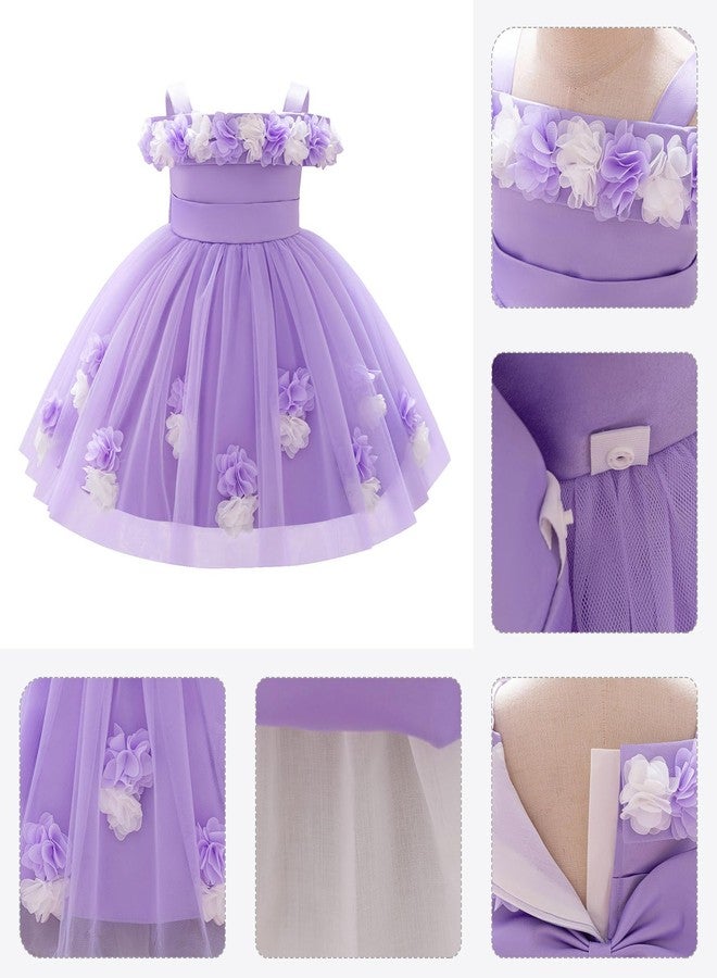 IDOPIP Infant Baby Flower Girl Dress 3D Flower Toddler Birthday Dresses Cold Shoulder Little Girls Princess Pageant Wedding Party Baptism Bowknot Tulle Tutu Gown Clothes Purple 9-12 Months - Image 4