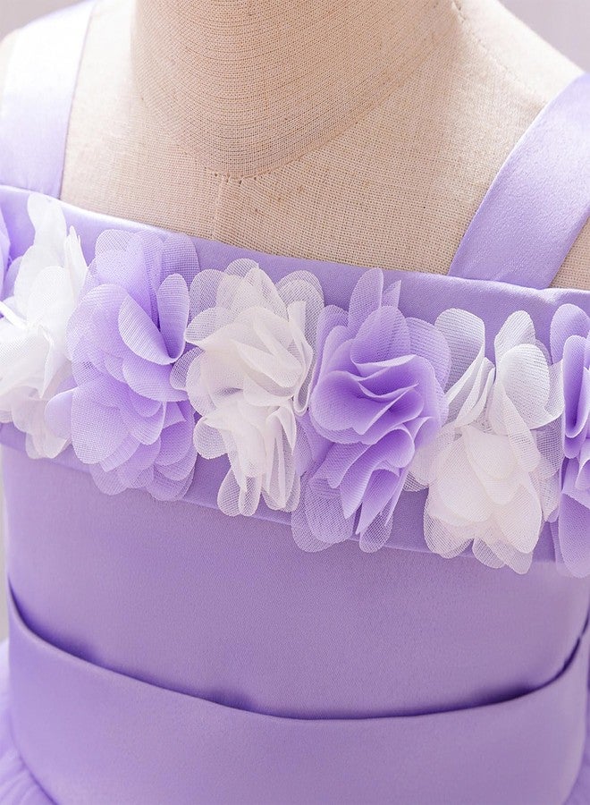 IDOPIP Infant Baby Flower Girl Dress 3D Flower Toddler Birthday Dresses Cold Shoulder Little Girls Princess Pageant Wedding Party Baptism Bowknot Tulle Tutu Gown Clothes Purple 9-12 Months - Image 5