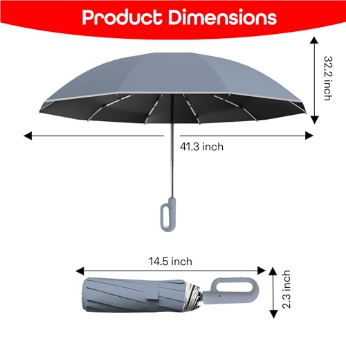 PRIME PICK Travel Guard Umbrella Compact Folding Umbrella Reflective Strip Carabiner Handle Windproof UV Protection Lightweight Anti Slip Grip for Men Women Kids Gray - Image 3
