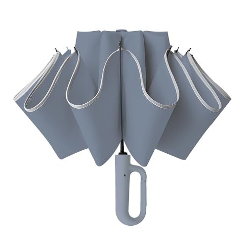 PRIME PICK Travel Guard Umbrella Compact Folding Umbrella Reflective Strip Carabiner Handle Windproof UV Protection Lightweight Anti Slip Grip for Men Women Kids Gray - Image 2