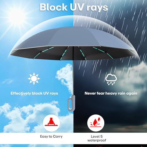 PRIME PICK Travel Guard Umbrella Compact Folding Umbrella Reflective Strip Carabiner Handle Windproof UV Protection Lightweight Anti Slip Grip for Men Women Kids Gray - Image 5