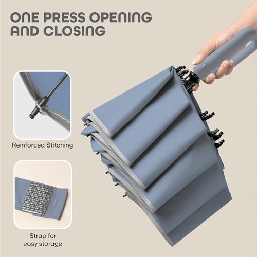 PRIME PICK Travel Guard Umbrella Compact Folding Umbrella Reflective Strip Carabiner Handle Windproof UV Protection Lightweight Anti Slip Grip for Men Women Kids Gray - Image 4