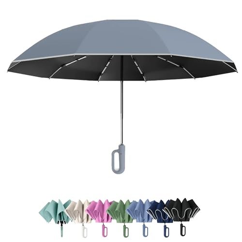 PRIME PICK Travel Guard Umbrella Compact Folding Umbrella Reflective Strip Carabiner Handle Windproof UV Protection Lightweight Anti Slip Grip for Men Women Kids Gray - Image 1