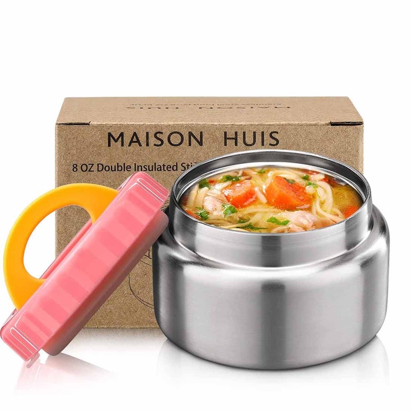 MAISON HUIS 8oz Soup Thermo Wide Mouth Vacuum Insulated Food Jar for Hot&Cold Food, Leak Proof Stainless Steel Kids Lunch Container for School Travel(Pink) - Image 1