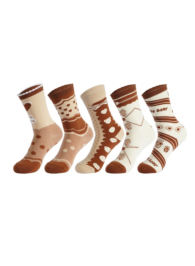Excefore Women Cotton Socks, 5 Pair Women's Funny Novelty Casual Combed Cotton Socks, Crew Socks Casual Cotton Socks Novel Cute Fun Girl Quarter Dress Sock (Brown / White / Grey)  - Image 1