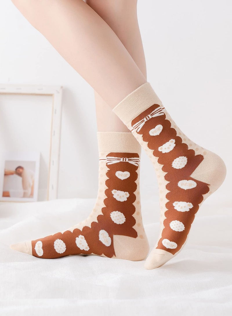 Excefore Women Cotton Socks, 5 Pair Women's Funny Novelty Casual Combed Cotton Socks, Crew Socks Casual Cotton Socks Novel Cute Fun Girl Quarter Dress Sock (Brown / White / Grey)  - Image 2