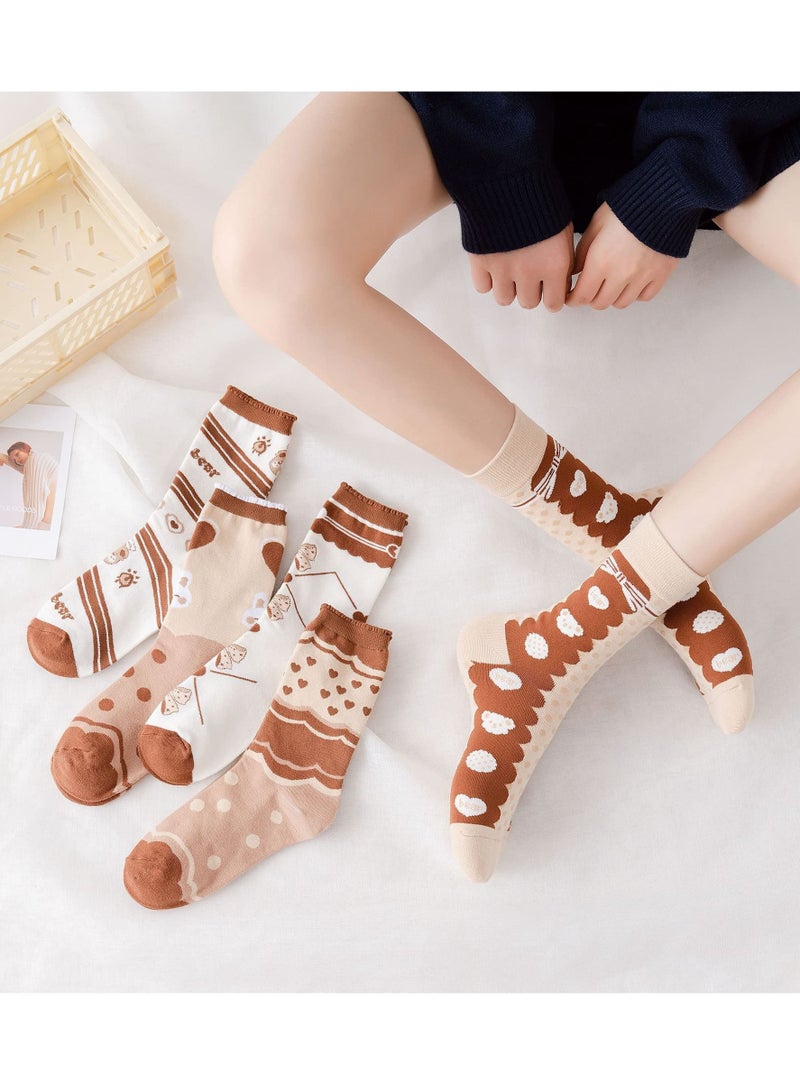 Excefore Women Cotton Socks, 5 Pair Women's Funny Novelty Casual Combed Cotton Socks, Crew Socks Casual Cotton Socks Novel Cute Fun Girl Quarter Dress Sock (Brown / White / Grey)  - Image 5