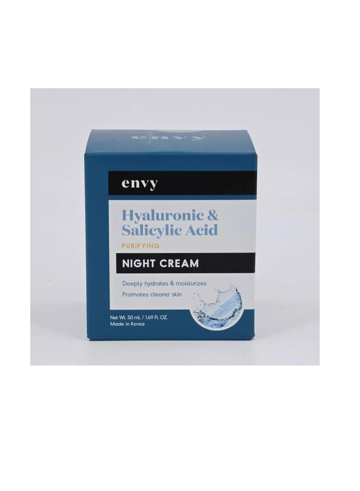 ENVY Hyaluronic & Salicylic Acid, Purifying Night Cream - Deeply Hydrates & Moisturizes - Promotes Clearer Skin - Cruelty Free Korean Skin Care For All Skin Types - 1.69 Fl. oz
