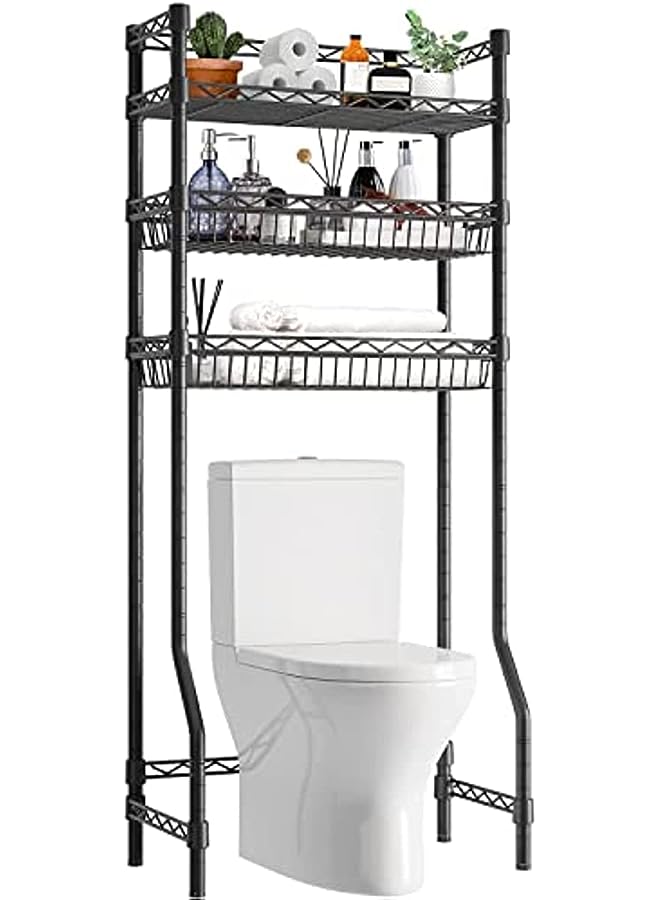 vesus The Toilet Storage,Uptyia 3-Tier Bathroom Rack for Space Saver,Heavy Duty Corner Stand Storage Organizer Accessories Sturdy Anti-Tilt Adjustable Bathroom Cabinet with 2 Baskets (Black, 163CM) - Image 1