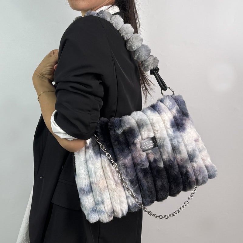 Tie-Dye Plush Bag Satchel Plush Bag Crossbody Bag Single Shoulder Armpit Bag Women'S Large Capacity - Image 2