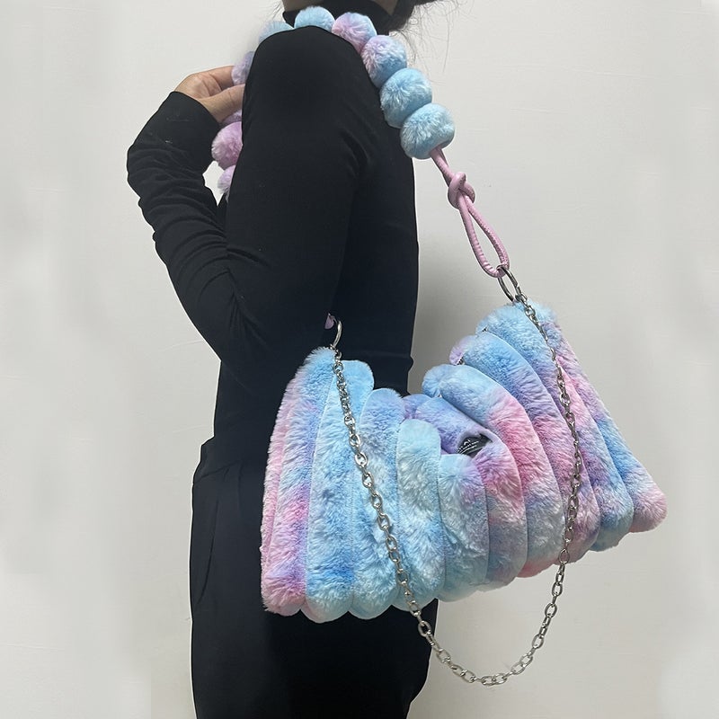 Tie-Dye Plush Bag Satchel Plush Bag Crossbody Bag Single Shoulder Armpit Bag Women'S Large Capacity - Image 4