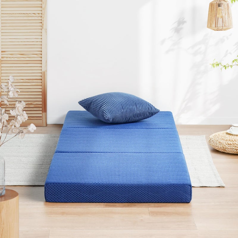 Olee Sleep Olee Sleep TriFolding Memory Foam Mattress Topper 4 Inch Gel Folding Mattress for Camping Foldable Guest Bed Washable Cover CertiPURUS Certified Soft Blue Cot Size 