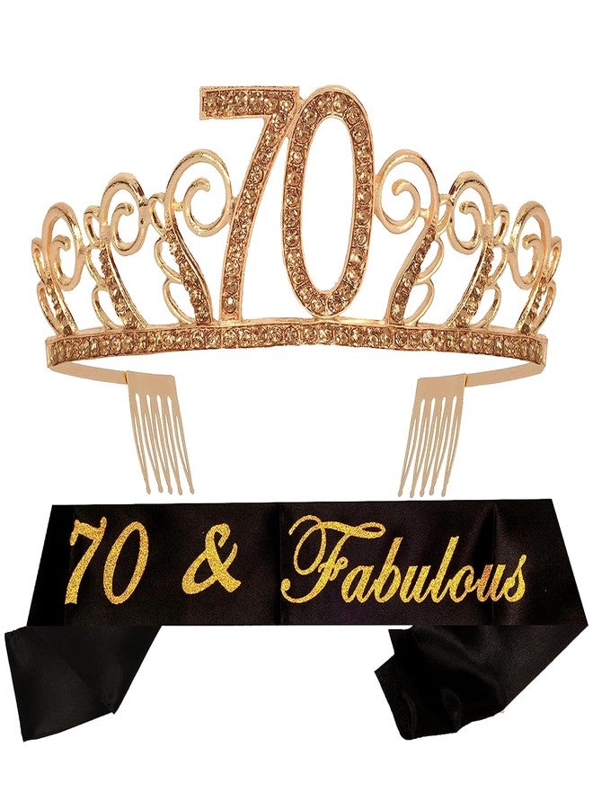 MEANT2TOBE 70th Birthday Sash and Tiara for Women - Fabulous Glitter Sash + Waves Rhinestone Gold Premium Metal Crown for Her, 70th Birthday Gifts Ideas & Party Decorations for Happy Mom & Women - Image 1