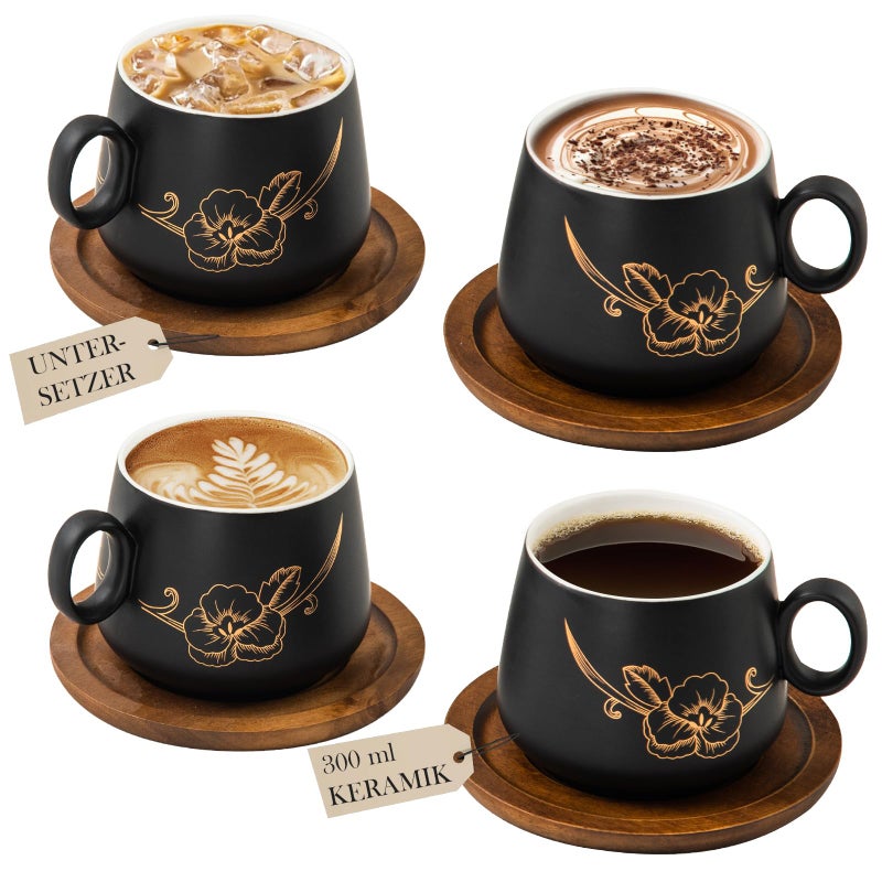 Yundu 10oz Cappuccino Cups & Wooden Saucers Set with Gold Floral Art, Latte Art Cup for Espresso, Coffee & Tea, Modern Matte Black Ceramic Tea Cup Set of 4 - Image 1