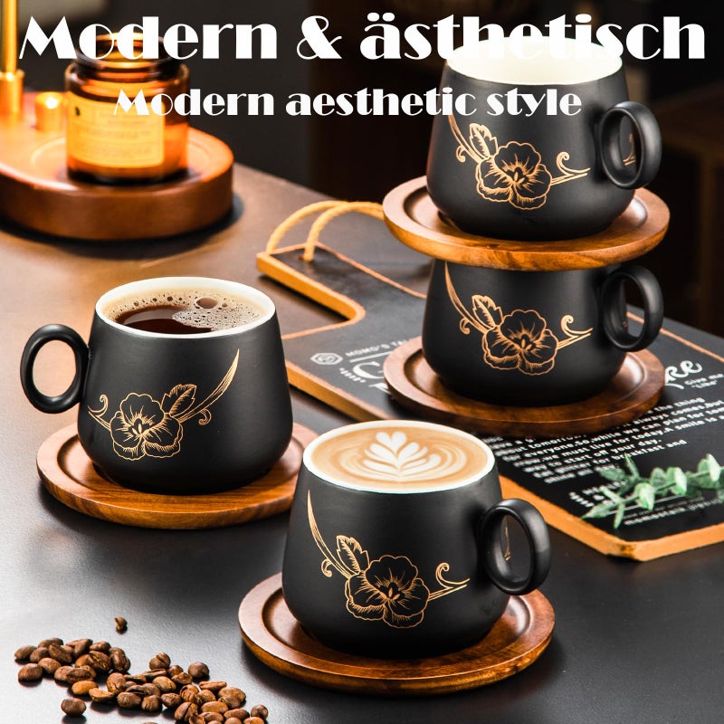Yundu 10oz Cappuccino Cups & Wooden Saucers Set with Gold Floral Art, Latte Art Cup for Espresso, Coffee & Tea, Modern Matte Black Ceramic Tea Cup Set of 4 - Image 5