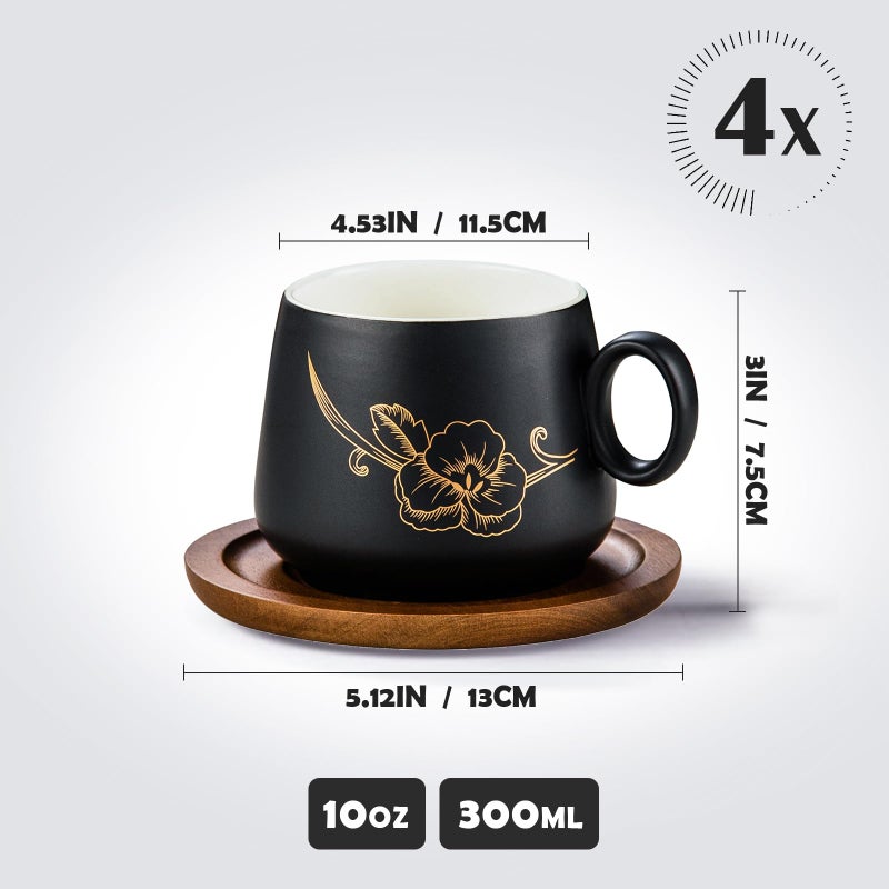 Yundu 10oz Cappuccino Cups & Wooden Saucers Set with Gold Floral Art, Latte Art Cup for Espresso, Coffee & Tea, Modern Matte Black Ceramic Tea Cup Set of 4 - Image 2