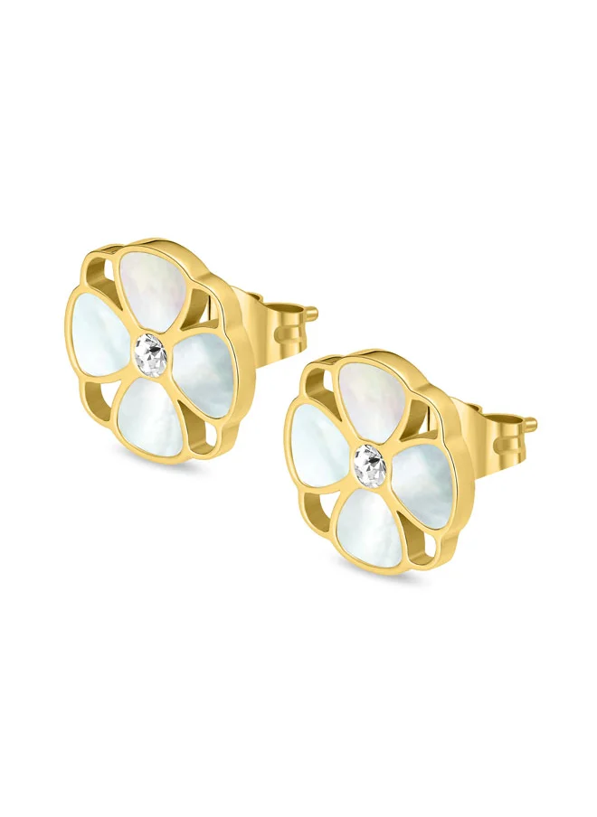 POLICE Clover Earrings for Women Gold-Plated with Mother-of-Pearl Floral Charm Motif