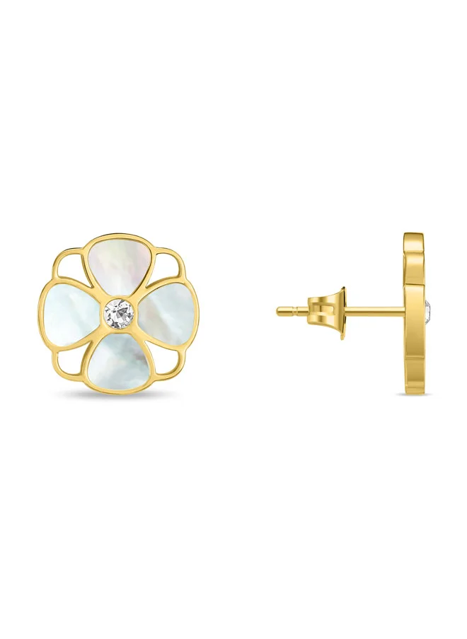POLICE Clover Earrings for Women Gold-Plated with Mother-of-Pearl Floral Charm Motif
