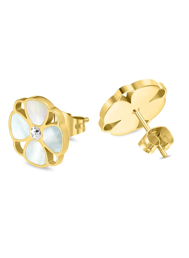 POLICE Clover Earrings for Women Gold-Plated with Mother-of-Pearl Floral Charm Motif