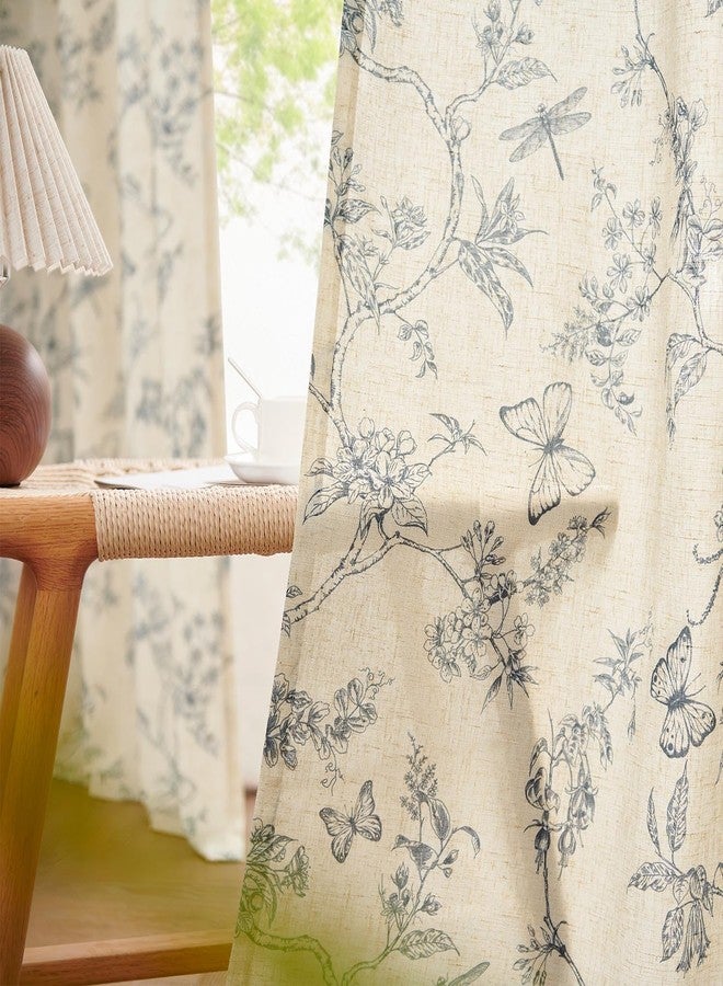 Lazzzy Linen Floral Farmhouse Curtains Blue Curtains 90 Inch Length Drapes for Living Room Bedroom Pattern Light Filtering Country Vintage Curtain Grommet Top, 2 Panels, Blue on Beige - Image 4