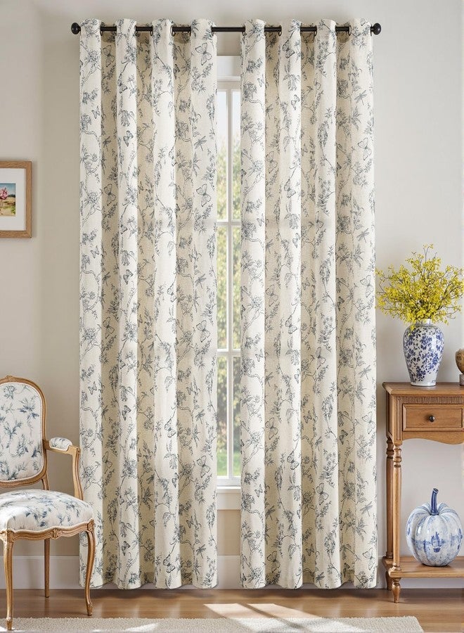 Lazzzy Linen Floral Farmhouse Curtains Blue Curtains 90 Inch Length Drapes for Living Room Bedroom Pattern Light Filtering Country Vintage Curtain Grommet Top, 2 Panels, Blue on Beige - Image 2