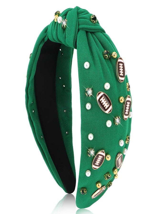 BAHABY Football Headbands for Women Crystal Football Embellished Wide Top Knot Headband for Women Game Day Hair Accessories (Green) - Image 1
