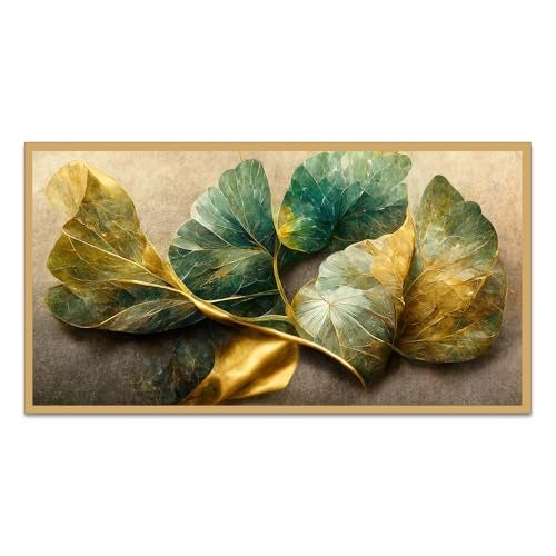 DEKORSTATION Elegant Golden and Blue Flowers and Branches Floating Framed Canvas Painting for Home Decor|Canvas Painting For Wall Decoration, Wall Painting For Living Room|Size: 12x24 Inch (FF_815DS) - Image 2