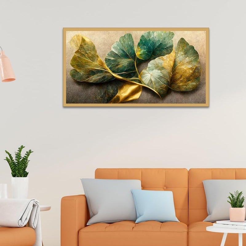 DEKORSTATION Elegant Golden and Blue Flowers and Branches Floating Framed Canvas Painting for Home Decor|Canvas Painting For Wall Decoration, Wall Painting For Living Room|Size: 12x24 Inch (FF_815DS) - Image 5