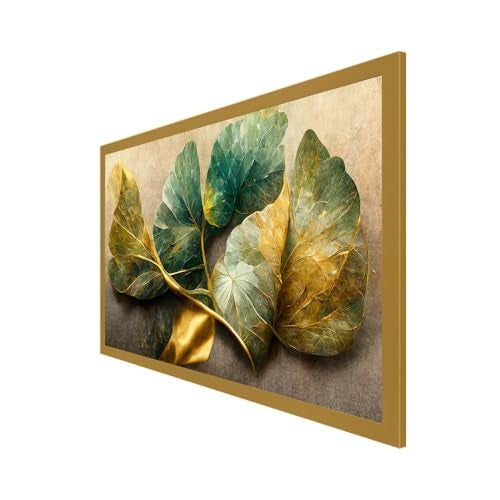 DEKORSTATION Elegant Golden and Blue Flowers and Branches Floating Framed Canvas Painting for Home Decor|Canvas Painting For Wall Decoration, Wall Painting For Living Room|Size: 12x24 Inch (FF_815DS) - Image 3