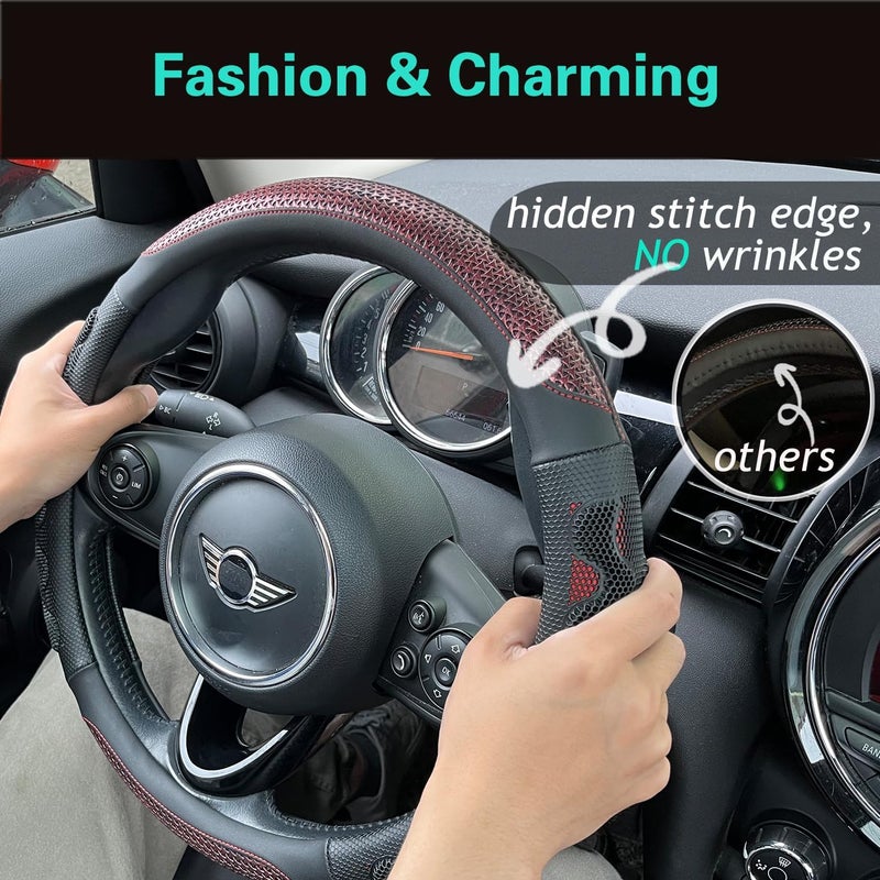 PINCTROT Steering Wheel Cover Great Grip with 3D Honeycomb Anti-Slip Design, Universal 14.5-15 Inch (Wine Red) - Image 2