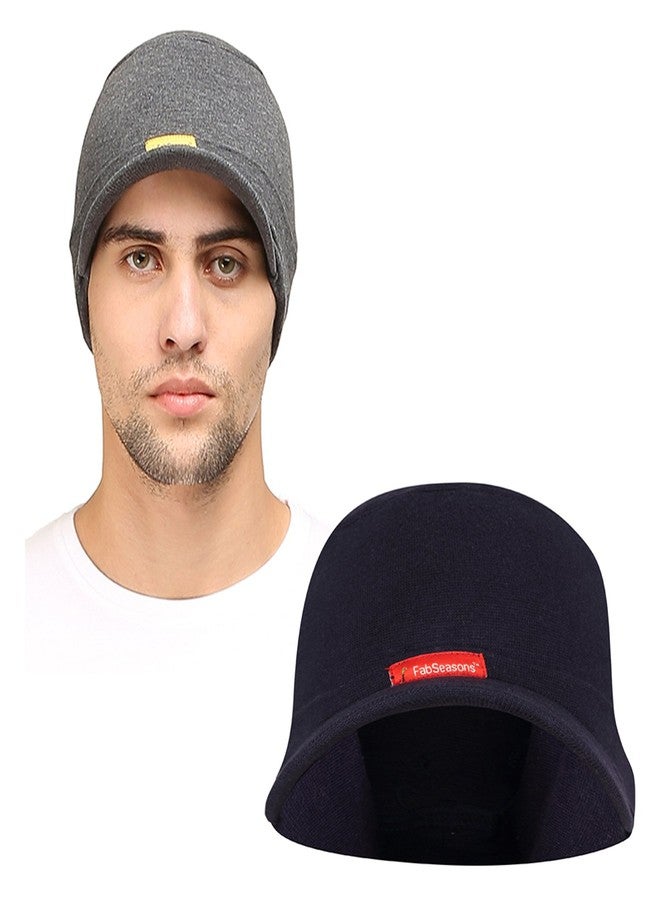 FabSeasons Cotton Skull Cap with Peak, Ideal for All Summer & Winters. Combo Pack of 2 (Blue, Dark Gray) - Image 1