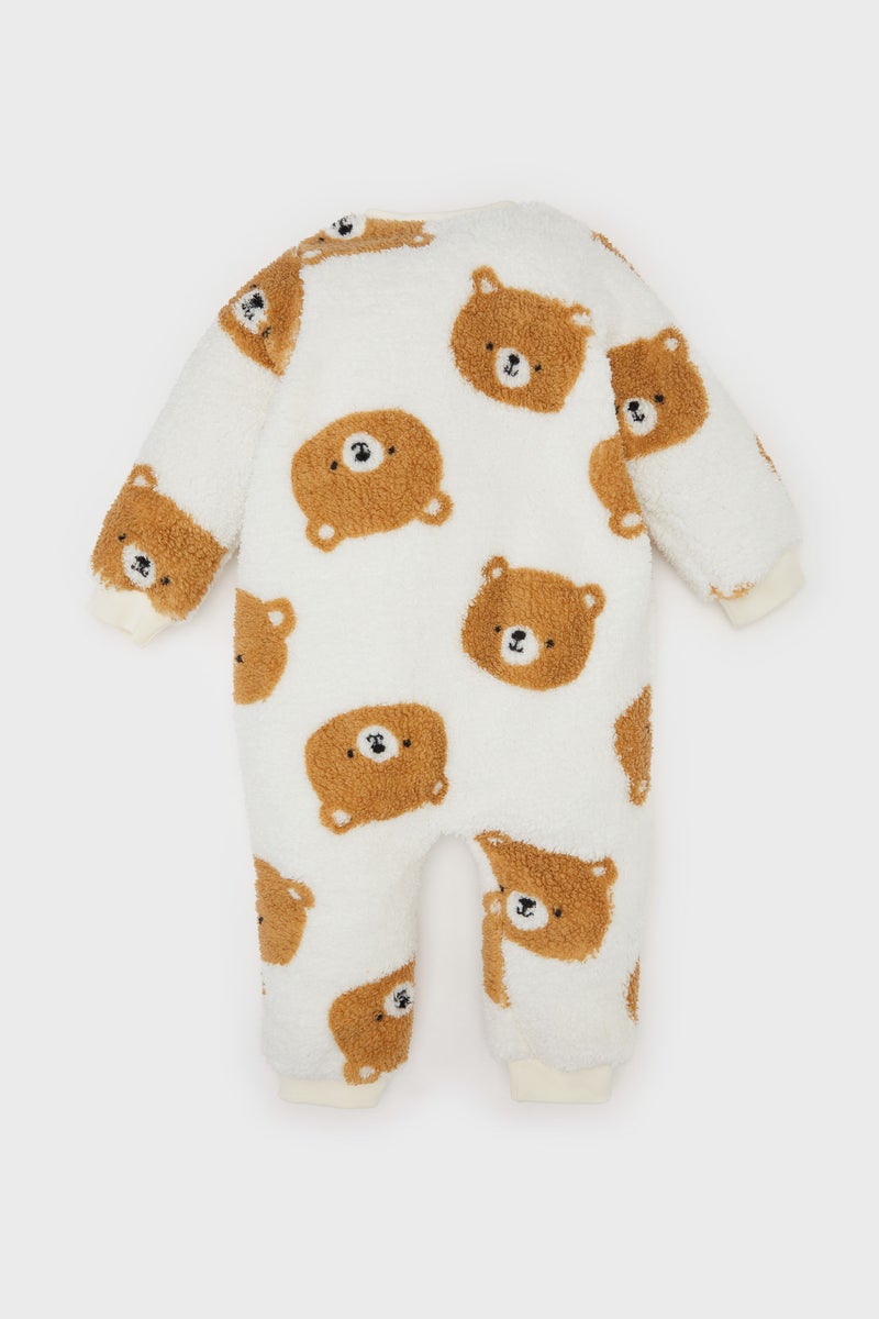DeFacto Baby Boy Newborn Bear Patterned Zippered Plush Jumpsuit  - Image 5