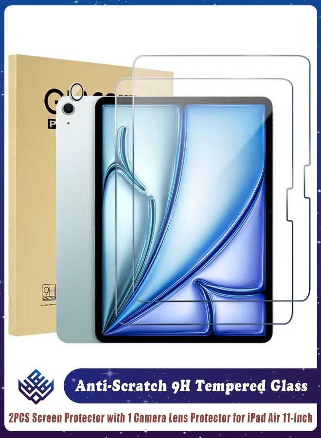 عبوة من قطعتين من واقي الشاشة لجهاز iPad Air مقاس 11 بوصة (M3 2025/M2 2024) - غشاء زجاجي مقوى لجهاز iPad Air A3266/A3267/A3270/A2902/A2903/A2904 مع واقي عدسة كاميرا واحد، واقي شفاف عالي الوضوح مقاوم للخدش بصلابة 9H - Image 1